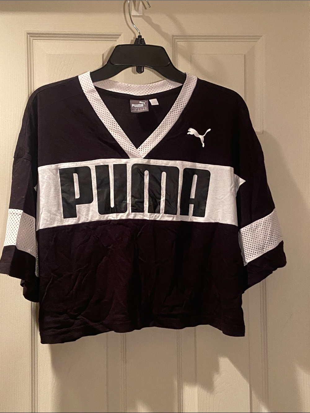 Puma Black & White Cropped V-Neck Jersey Top
